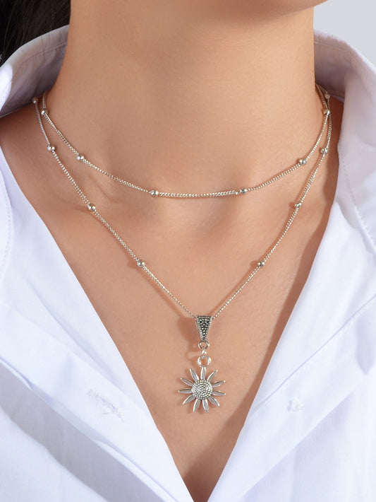 Unique Trendy Jewellery Double layer Gold Silver Chain Flower Collar Necklace