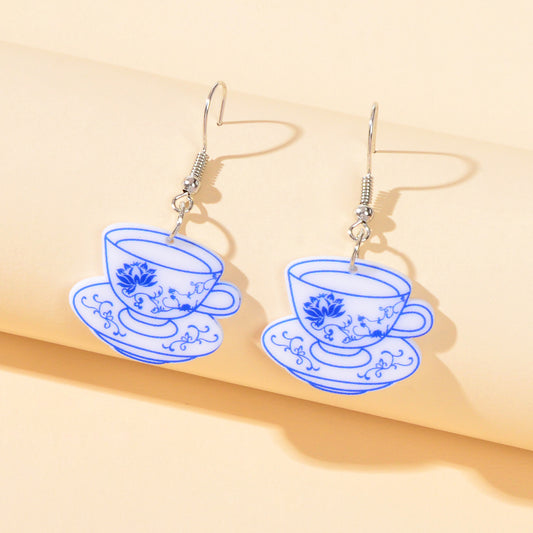 Ethnic Traditional Jewellery Blue and White Porcelain Bowl Dangle Earrings Gift