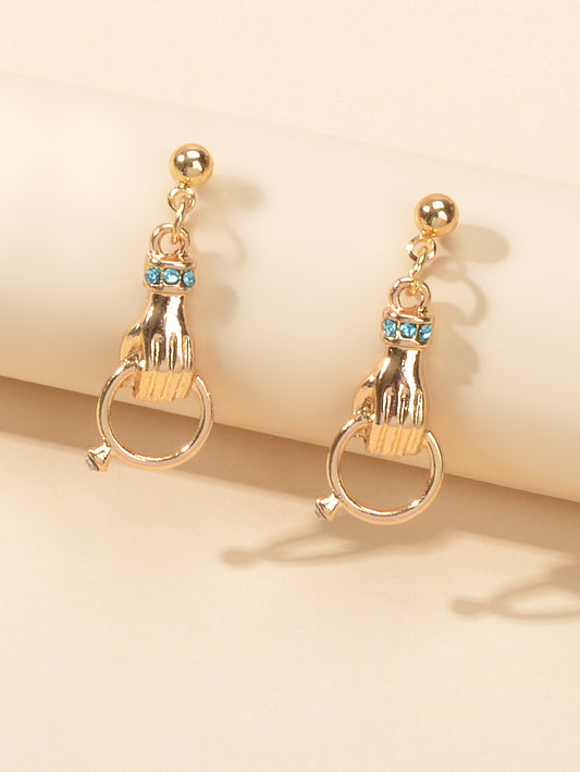 Unique Design Metal Rhinestone Decor Hand with Ring Earrings Women Dainty Gift