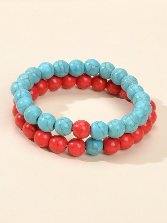 2pcs Bohemian Ethnic Handmade Red Beige Beads Turquoise Elastic Bracelets Bangle