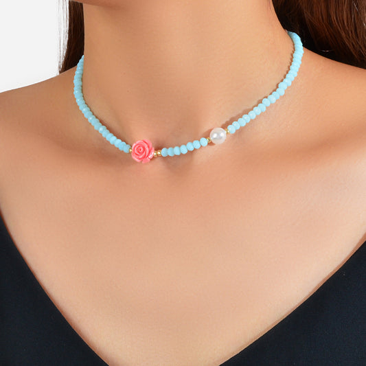 Pearl Red Resin Flower Decoration Blue Beads Short Collar Clavicle Necklace Gift