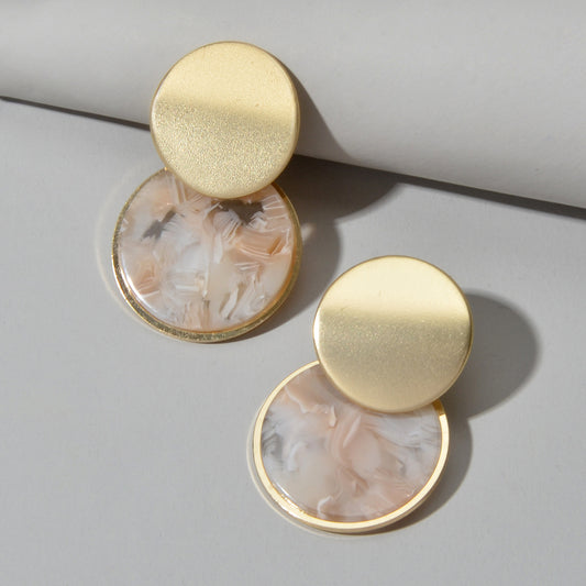 Mottled Resin Round Gold Disc Geometric Stud Multicolour Marbled Drop Earrings