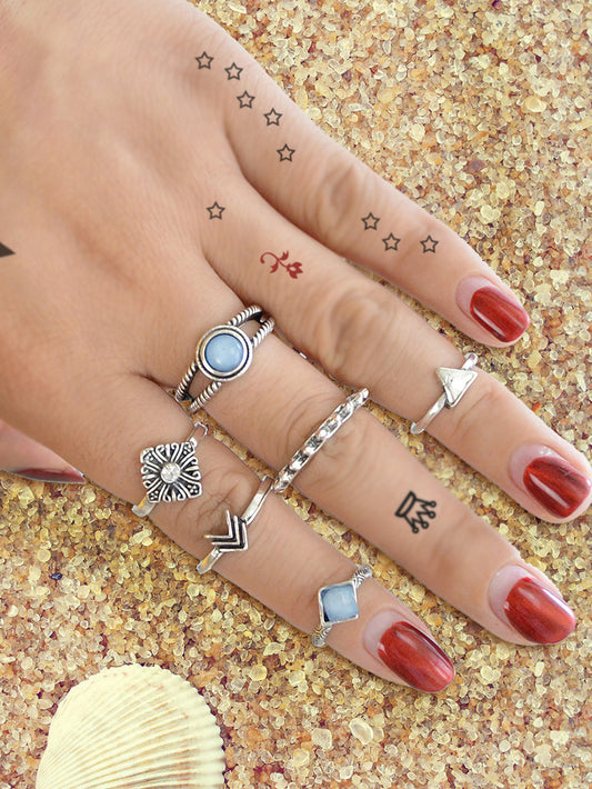 Vintage 6pcs Blue Bead Decor Arrow Flower Multiple Bulk Pack Joint Knot Ring set