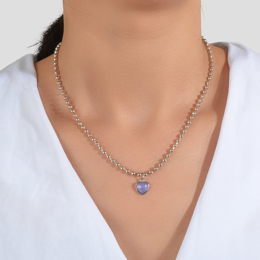 Party Decoration Popcorn Beads Silver Chain Purple Love Heart Charm Necklace