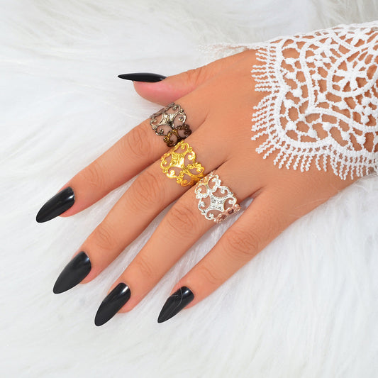 Retro Court Style 3pcs Gold Silver Geometric Flower Open Cuff Stackable Ring Set