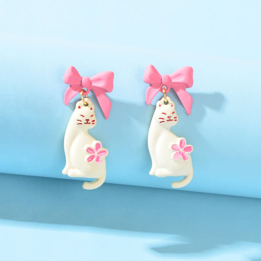 Handmade Cartoon Accessories Flower Bow-knot White Cat Piercing Stud Earrings