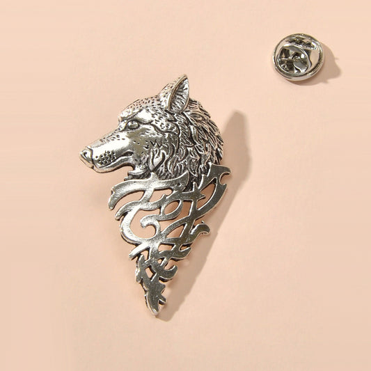 Vintage Punk Antique Silver Carved Wolf Head Pin Lapel Brooch Badge Accessories