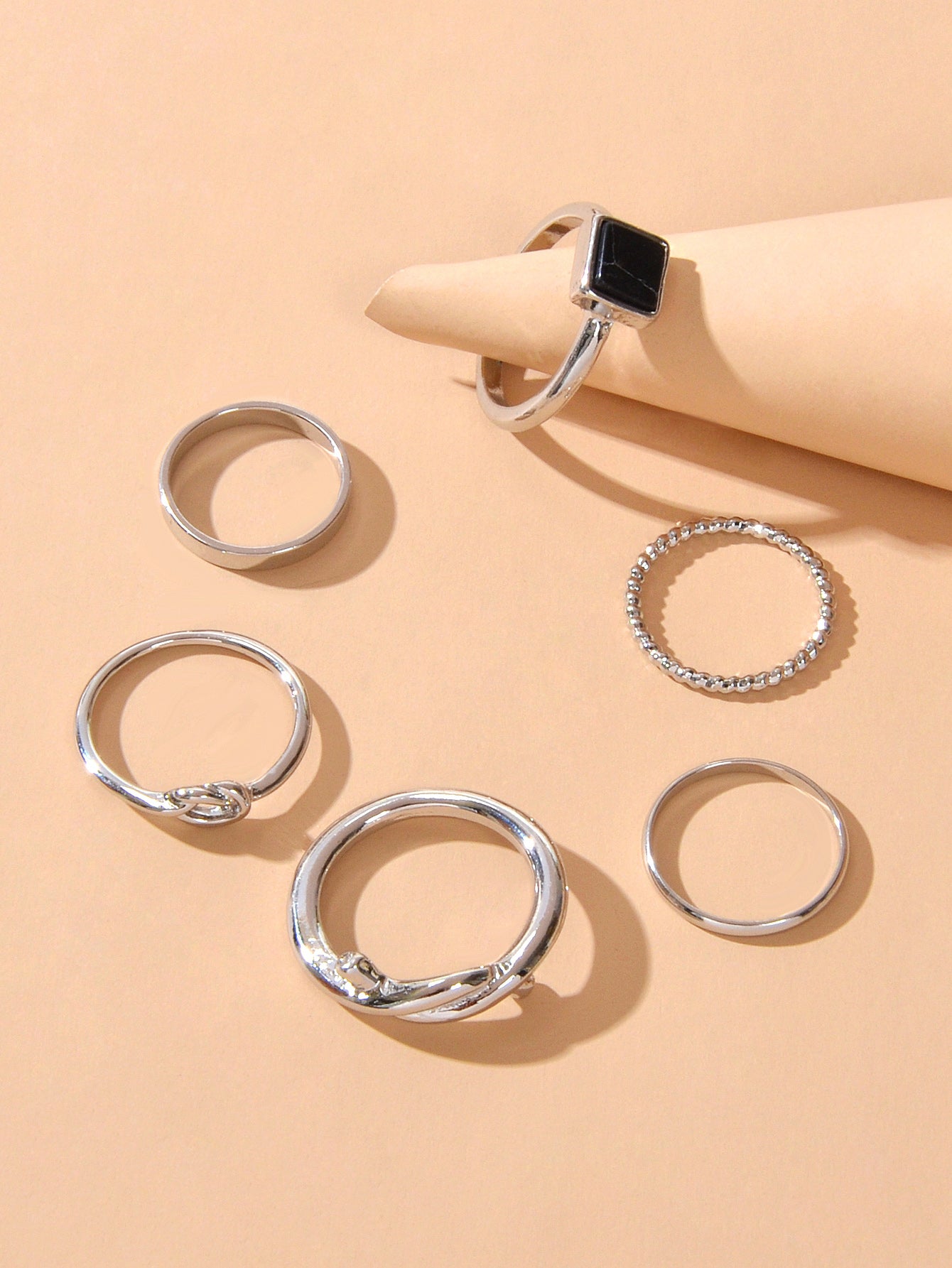 6 pcs Fashion Jewellery Black Stone Decor Gold Silver Midi Finger Knuckle Rings