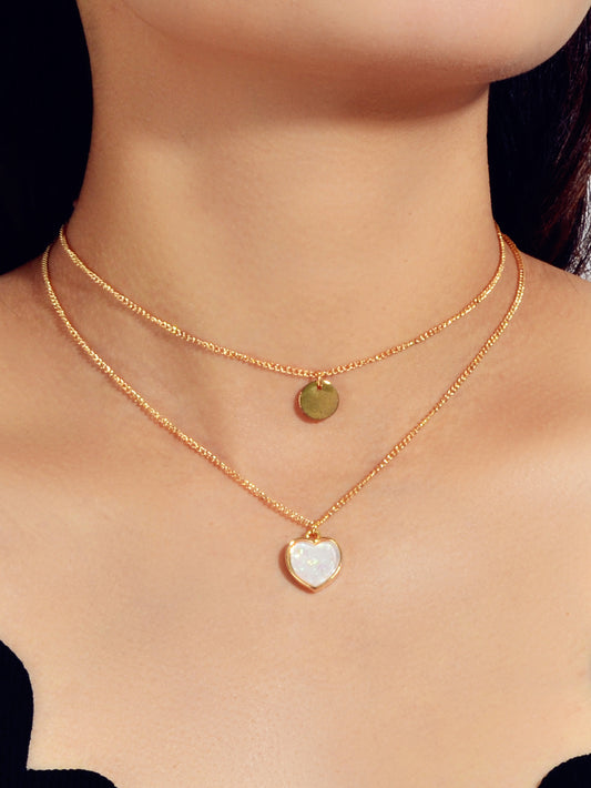 2 pcs Multiple Gold Silver Chain Round Heart Charm Women Necklace Female Jewelry