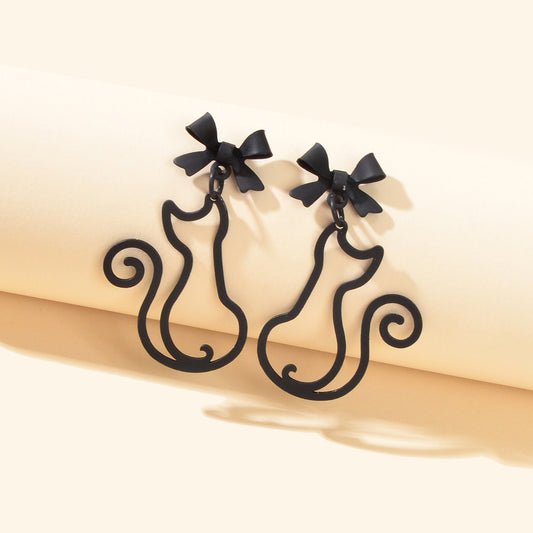 Kawaii Aesthetic Hollow Bow Tie Cat Dangle Earrings Animals Design Accessories