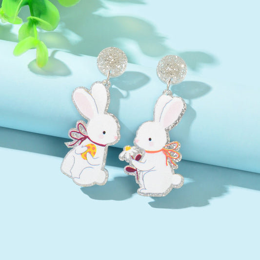 Glitter Bunny Earrings Cute Rabbit Stud Easter Egg Flower Holiday Gift Jewellery