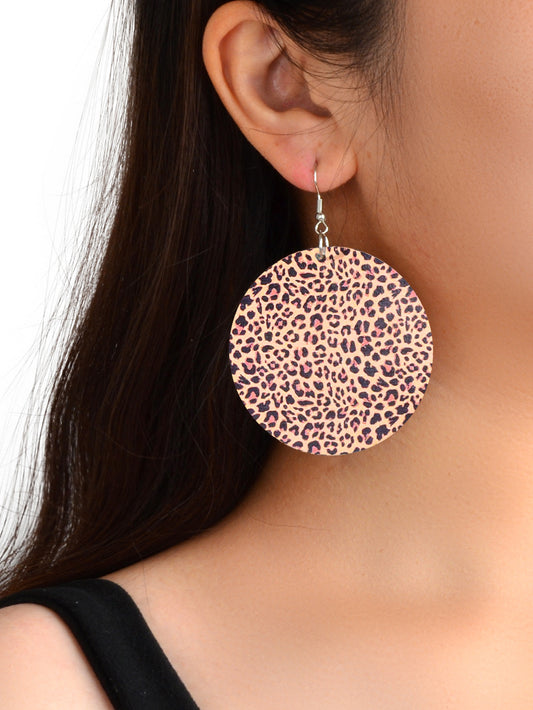 Personality Leopard Pattern Round Wood Big Dangle Earrings Girl Party Decoration