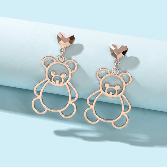 Lovely Silver Hollow Bear Dangle Design Pierced Dainty Heart Stud Earrings Gift