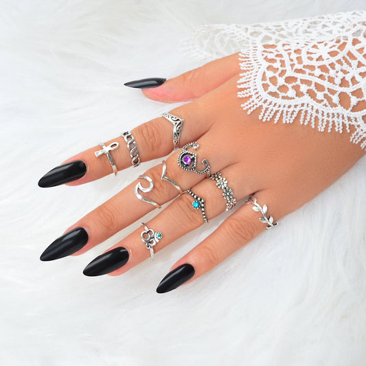 Multiple 10 pcs Antqiue Leaf Flower Geometric Stackable Midi Knuckle Rings set