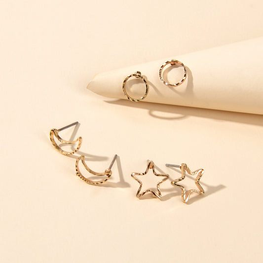 3 pairs Minimalist Jewelry Circle Star Moon Trendy Stud Small Earrings for Women