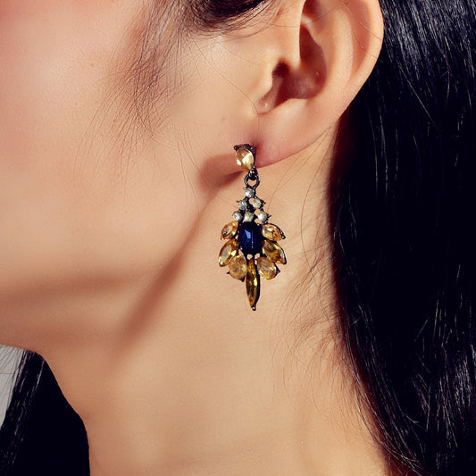 Luxurious Blue Champagne Crystal Flower Wedding Dangle Chunky Chandelier Earring