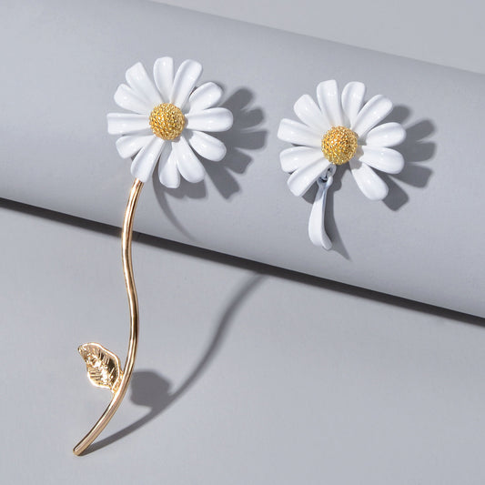 Asymmetrical White Enamel Flower Stick Stud Dangle Earrings Ear Jacket Jewellery