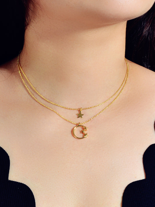 Awesome Jewelry Double layer Chain Star Circle Pendant Necklace Engagement Gift