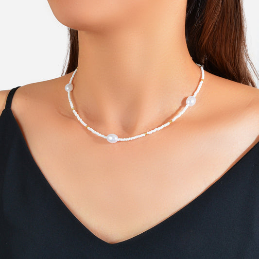 Bohemian Jewellery Handmade White Black Beads Pearl Short Choker Ethnic Necklace