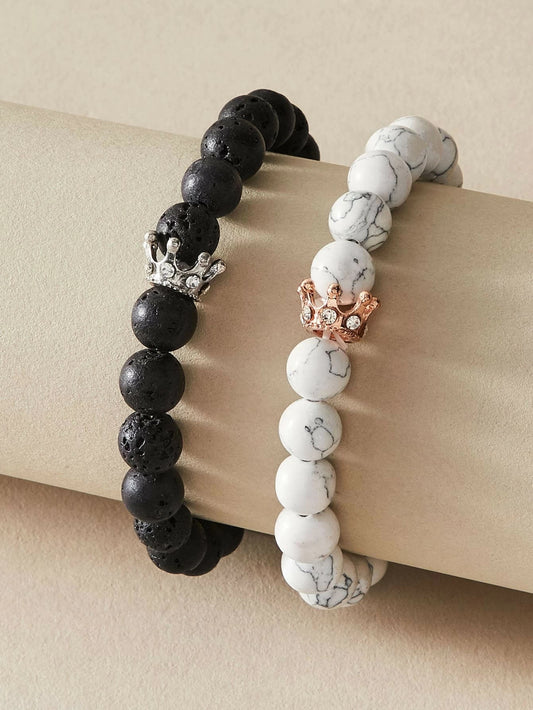 2pcs Crown Marble Lava Stone Beads Boho Ethnic Bracelet set Chunky Jewelry Gift