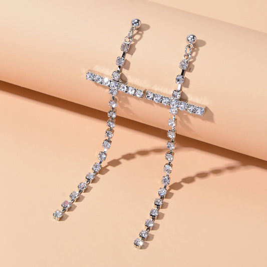 New Style Shining Full Rhinestone Long Silver Chain Cross Dangle Earrings Women