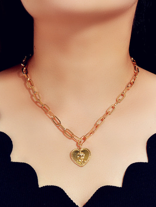 Unique Design Thick Gold Chain Flower Pattern Heart Statement Necklace for Women