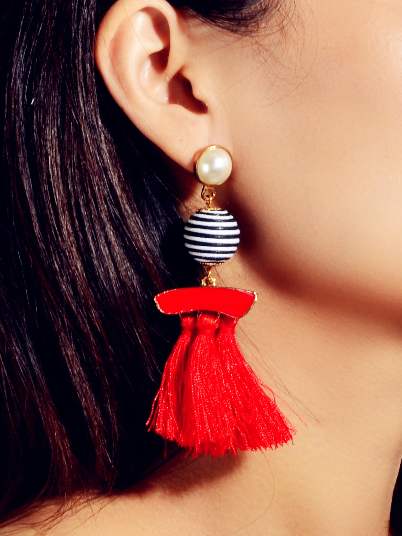 Bohemian Jewellery Ball Black Beige Tassel Dangle Traditional Ethnic Earrings