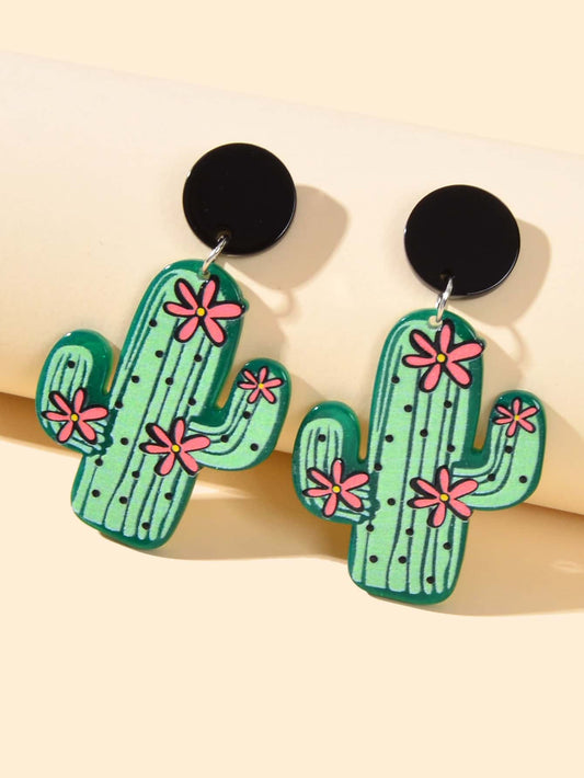 Bohemian Jewelry Cute Green Resin Cactus Dangle Earrings for Women Holiday Party
