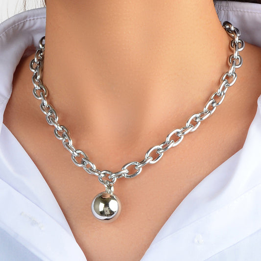 Hip Hop Punk Thick Silver Chain Ball Pendant Statement Necklace Ladies Jewellery