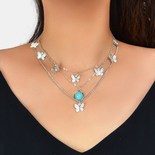 Ethnic Silver Multi-layer Chain Butterfly Turquoise Collar Bohemian Necklace