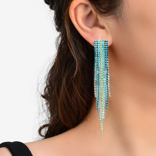 Sparkling Tassel Full Blue Rhinestone Fringe Chain Pierced Chandelier Earrings