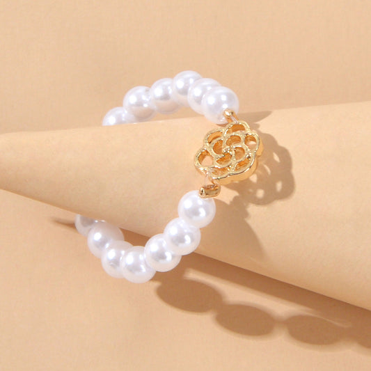 Perfect Elastic Pearl Gold Flower Finger Ring Wedding Engagement Gift Jewellery