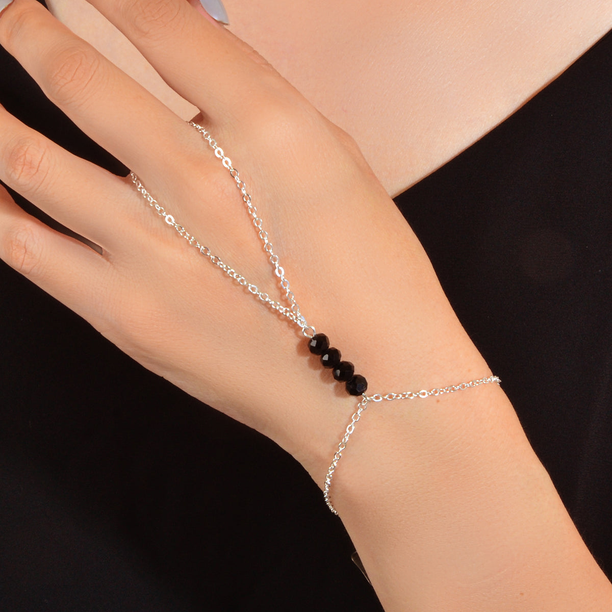 1pc Foot Beach Silver Chain Black Beads Anklet with Finger Ring Slave Bracelet