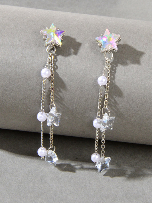 Women Trendy Silver Chain Resin Transparent Beads Star Dangle Pendant Earrings