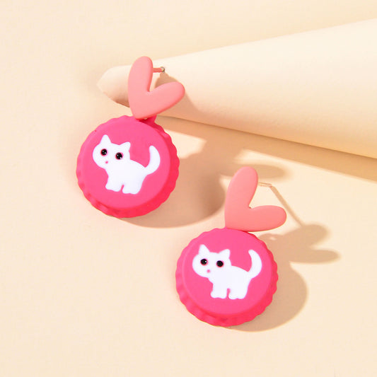 Cute Funny Hotpink Heart Cat Capsule Stud Earrings Y2k Style Girl Jewellery Gift