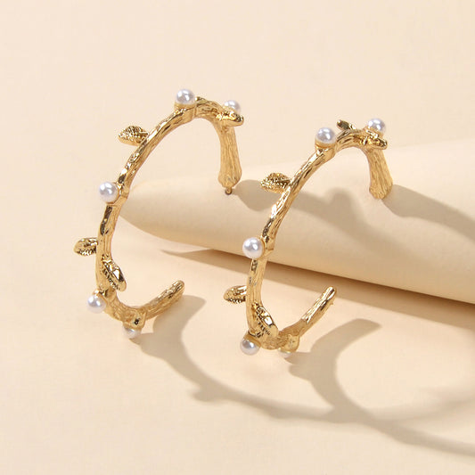 Designer Metal Pearl Branch C Shape Hypoallergenic Hoop Earrings Nice Collection