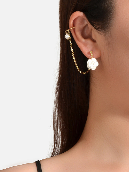 Asymmetric Gold Chain White Flower Stud Earrings Ear Cuff Cartilage Jewellery
