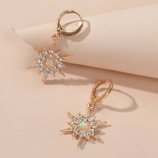 Luxurious Full Rhinestone Spike Star Hoop Dangle Trendy Earrings Ladies Jewelry