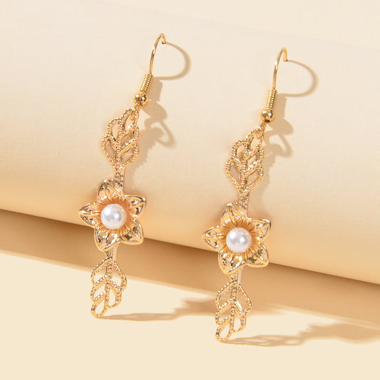 Retro Pearl Decor Gold Leaf Flower Dangle Earrings Wedding Engagement Jewellery
