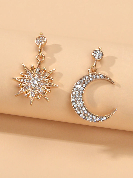Asymmetric Luxurious Full Rhinestone Star Moon Dangle Earrings Party Jewellery