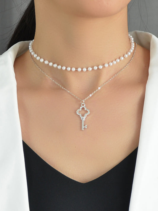 Perfect Wedding Engagement Gift Pearl Double Layer Chain Key Pendant Necklace