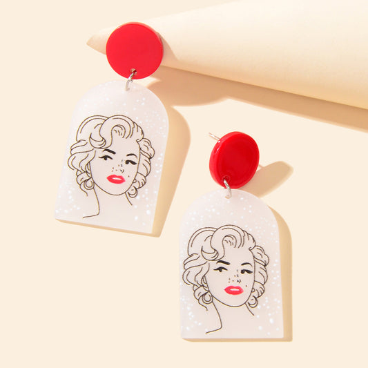 White Red Acrylic Geometric Portrait Pattern Lightweight Earrings Party Jewelry