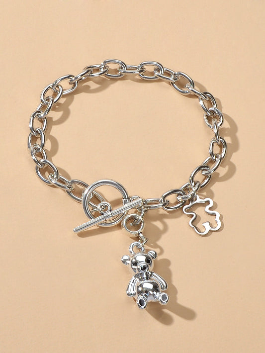 Designer Silver Bear Charm Dainty Cuban Chunky Link Paperclip Chain Bracelets