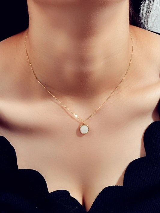Textured Jewellery Gold Chain White Enamel Round Pendant Necklace Accessories