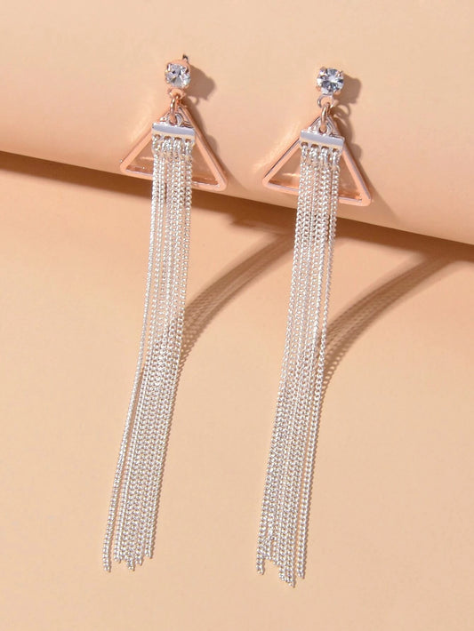Rhinestone Triangle Silver Tassel Long Chain Drop Dangle Party Stud Earrings