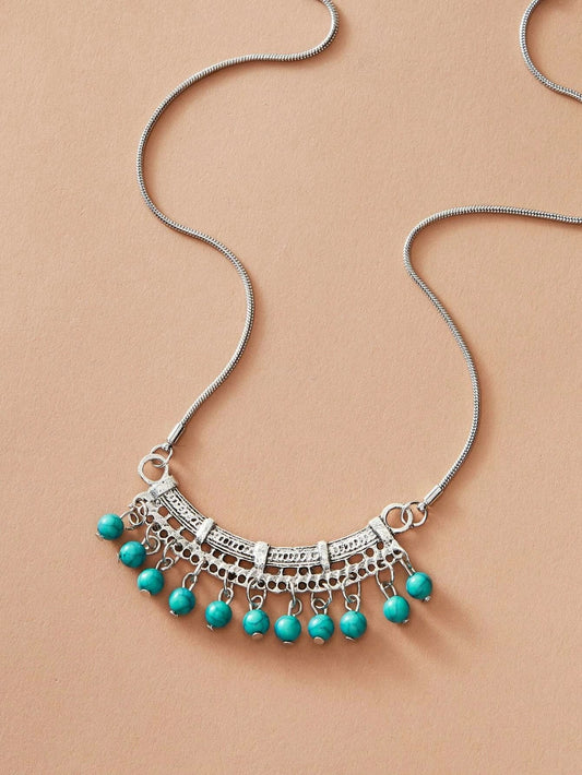 Tribal Ethnic Antique Silver Chain Turquoise Bead Bib Necklace Boho Blue Jewelry