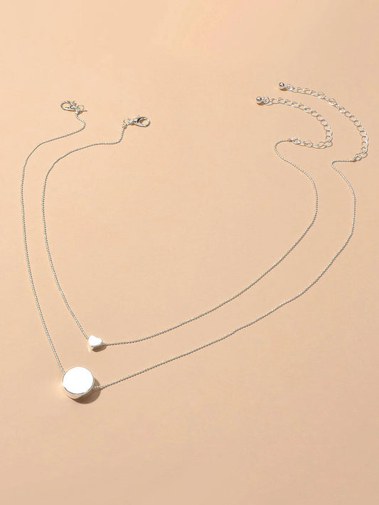 2 pcs Popular Jewellery Silver Chain Love Heart Round Charm Necklace Accessories
