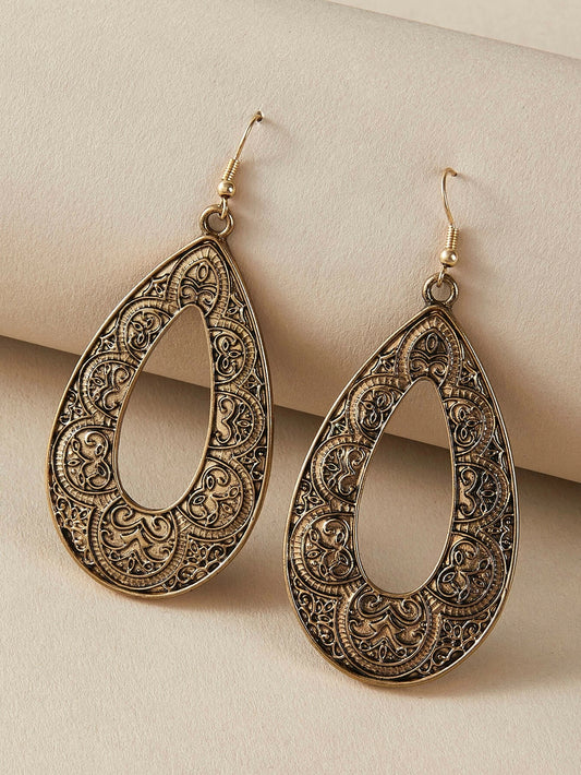 Tribal Ethnic Antique Gold Silver Carved Water Drop Big Earrings Boho Jewellery