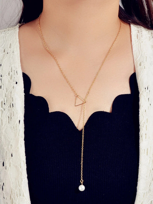 Minimalist Jewellery Pearl Long Gold Chain Triangle Y Lariat Pendant Necklace