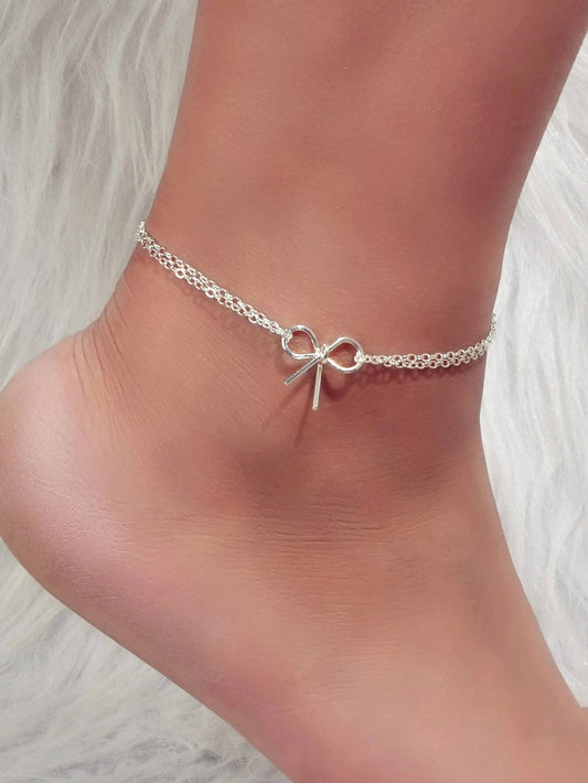 Minimalist Summer Gold Silver Bow Double Layer Chain Anklet Holiday Foot Jewelry